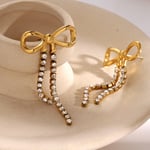 Gold color / 1 Pair Romantic Sweet Style Bow Knot Shape Stainless Steel  Gold Color Inlay Zircons Women's Drop Earrings 